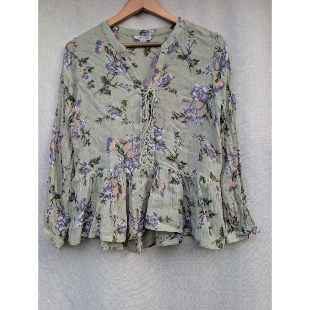 American‎ Eagle Long Sleeve Top Womens Small Green Boho Cottagecore Floral Fairy
